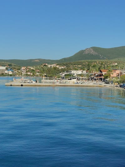 The image shows a tranquil coastal scene in the Municipal Unit of Pelasgia, Greece, under a clear blue sky. In the foreground, calm, deep blue water fills the lower half of the frame, with subtle ripples indicating a gentle breeze. A concrete pier juts out into the water, serving as a docking area for several small boats. These boats, varying in size and color, are moored along the pier, some appearing to be fishing vessels with their fishing gear visible.
Beyond the pier, a shoreline town unfolds. Buildings of various architectural styles, including multi-story structures and smaller houses with red-tiled roofs, are nestled along the coast. Many of these buildings appear to house shops and restaurants, with outdoor seating areas visible, suggesting a lively waterfront. Green, undulating hills covered in dense vegetation, likely olive groves, rise behind the town, forming a natural backdrop. The sun is bright, casting distinct shadows and illuminating the scene with a warm light, indicative of a clear day. There are no people prominently visible in the frame.