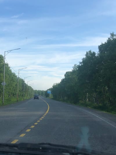 The image depicts a straight, paved road with a yellow dashed line running down the center, indicating a dividing line for traffic. The road is lined on both sides with a dense forest of green trees. Several streetlights are visible along the left side of the road, spaced at regular intervals. A dark-colored van is traveling away from the viewer on the road, and another vehicle is partially visible in the distance. The sky above is a clear blue with some wispy clouds. The foreground shows the dashboard and windshield of a vehicle, suggesting the image was taken from inside a car. The scene is indicative of a road in a rural or semi-rural setting, possibly a highway or a major road connecting to or passing through a populated area. The city of Svetly, Russia, is known for its industrial areas and proximity to the Baltic Sea, but also has surrounding forested regions, making this image plausible within its geographical context. The lighting suggests it is daytime, likely morning or afternoon, given the bright sky and shadows. There are no people visible outside of the vehicles.