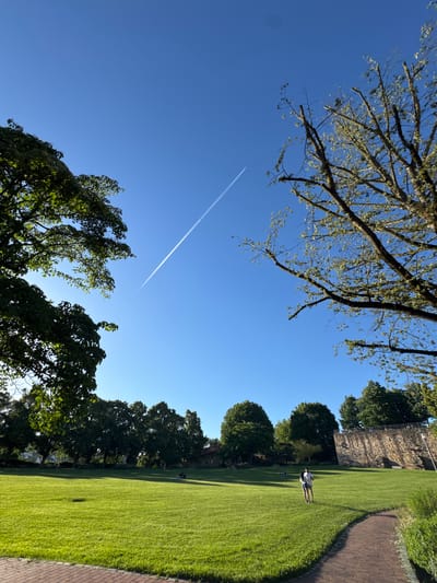 The image shows a bright, sunny day in a park with a clear blue sky and a contrail from an airplane. The park features a meticulously manicured green lawn, bordered by a brick pathway on the lower left and right. On the right side of the park, a rustic stone wall stands, topped with greenery and fencing. A variety of trees are visible, with lush green foliage on the left and sparser, budding branches on the right. In the middle of the lawn, two individuals are present: a person in a white shirt and shorts, and another person standing nearby. In the background, more trees and some buildings with red roofs are visible. This scene is likely a park within the city of Esslingen am Neckar, Germany, given the presence of the distinctive stone wall which resembles the historic city ramparts.