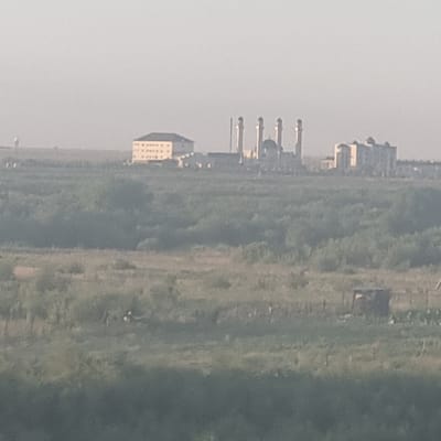This media file captures a hazy, outdoor scene, likely in Арыс, Kazakhstan. The image is oriented vertically. The primary subjects are architectural structures and a large, green expanse that appears to be a field or park.
Several distinct buildings are visible. In the distance, a line of tall, slender structures with rounded tops, resembling minarets, are prominent. Closer to the foreground, a multi-story building with a white facade and numerous dark-colored windows is present. Other structures, possibly industrial or residential, are scattered throughout the scene.
The ground is covered in vegetation, mostly green and somewhat unkempt, suggesting an undeveloped or natural area. Some faint tracks or pathways are discernible within the greenery. A small, dark structure, possibly a shed or shelter, is also visible in the field. The overall impression of the setting is one of a semi-urban or peri-urban environment, with modern construction adjacent to open land.
The atmosphere is muted and diffused, indicating possibly overcast weather or a significant amount of haze or fog. This lack of clarity obscures finer details and softens the overall image. The time of day is difficult to ascertain precisely, but the soft, diffused light suggests it could be early morning or late afternoon. No people are clearly visible in the frame, nor are any specific activities or events taking place.
There is no discernible text within the image. The muted color palette, dominated by grays, greens, and whites, contributes to a somewhat serene but underexposed feel.
