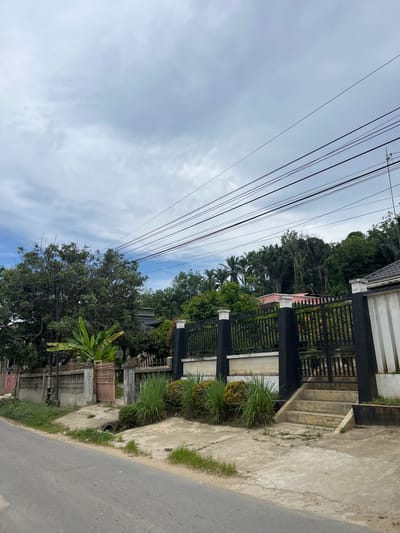 A roadside view of a residential property in Rantau Pauh, Indonesia, features a black metal gate with ornate vertical bars leading to a paved walkway with concrete steps. The walkway is flanked by lush green grass and ornamental plants. Behind the gate, the property includes a white concrete wall and the roof of a building. A large tree with dense foliage stands to the left of the gate, adjacent to a concrete fence and an open, reddish-brown metal gate. A banana plant with broad green leaves is visible near the center of the image. Overhead, a network of power lines crisscrosses the cloudy sky. The scene is bordered by an asphalt road in the foreground.