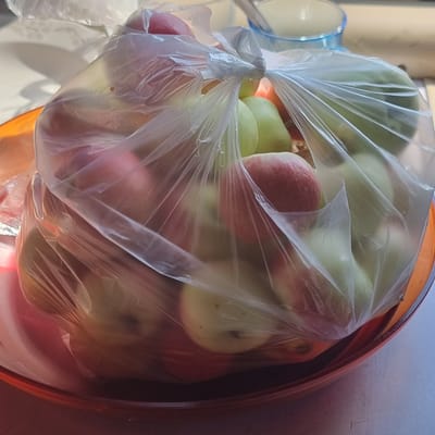 The image shows a plastic bag filled with apples and pears, placed in a red bowl. The bag is tied at the top with a knot. The fruit appears to be ripe and is of various colors, including red, green, and yellow. The bowl is made of plastic and has a slightly reflective surface. The background is blurred but suggests an indoor setting with natural light coming from the left. There are no people or animals visible in the image. There is no information in the image that indicates a location in the city of Turkistan, Kazakhstan.