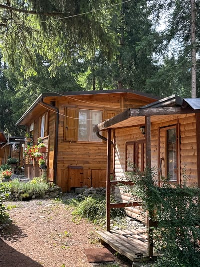 A row of rustic wooden cabins are nestled amongst tall evergreen trees in Borno, Italy. The cabins are made of horizontally laid logs with natural wood finishes. Each cabin has windows, some with wooden shutters, and small porches. Potted plants with red and white flowers adorn the front of the cabins, adding a touch of color to the natural surroundings. A path made of gravel and wood chips winds between the cabins, leading into the dense forest. Sunlight filters through the trees, casting dappled shadows on the ground and the wooden structures. The scene evokes a sense of peacefulness and natural beauty.