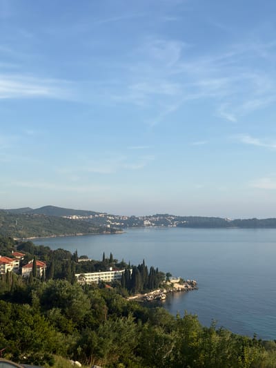 The image captures a serene coastal landscape in Soline, Croatia, under a bright, clear blue sky adorned with soft, wispy white clouds. A vast expanse of calm, blue-grey water, likely the Adriatic Sea, dominates the middle ground, stretching towards a hazy horizon. In the far distance, a long landmass or island is visible, punctuated by numerous white buildings that indicate a distant coastal settlement.

The foreground and right side of the frame showcase a lush, green coastline densely covered in Mediterranean vegetation, including various trees and bushes, with distinctive cypress-like trees standing tall. Nestled within this verdant environment and along the water's edge are several buildings. A prominent white, multi-story structure with numerous windows suggests a hotel or resort, while other buildings with traditional terracotta roofs are partially obscured by the foliage. A striking rocky outcrop, sparsely covered in vegetation, extends into the tranquil sea from the immediate coastline.

The scene is bathed in bright daylight, indicating late morning or early afternoon, with clear weather and no harsh shadows. No specific activities or people are visible, and there is no discernible text. The overall impression conveyed is one of peaceful natural beauty combined with coastal development.