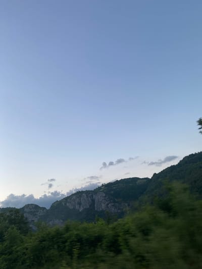 The image depicts a natural landscape with mountains and lush green vegetation. The sky is a clear, pale blue with a few wispy clouds. The foreground is dominated by dense trees, some of which appear blurred, suggesting movement. Behind the trees, rugged mountains rise, their rocky faces contrasting with the green slopes covered in trees and shrubs. The lighting indicates it is likely dusk or dawn. The scene is consistent with the natural beauty found in and around Šavnik, Montenegro, a region known for its mountainous terrain and dense forests. No people, specific structures, or identifiable landmarks are visible.