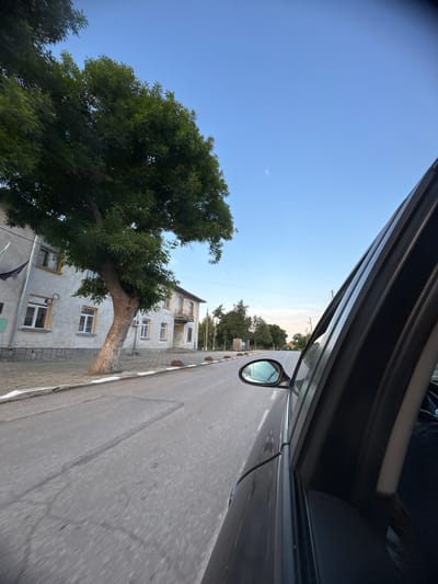 The image depicts a street scene in Omarchevo, Bulgaria, observed from the interior of a dark-colored vehicle, looking forward and slightly to the left. The right side of the frame is dominated by the vehicle's window frame and a portion of its interior, with the side mirror visible on the left side of the vehicle, reflecting the road ahead.
The asphalt road, exhibiting signs of wear with patches and cracks, recedes into the distance under a clear, pale blue sky, which lightens towards the horizon, suggesting late afternoon or early evening. A white painted line delineates the edge of the road from a paved sidewalk on the left.
Along the left side of the street, a prominent, large tree with a thick, leaning trunk and dense green foliage stands in front of a two-story building. This building is light-colored, possibly off-white or light grey, with multiple rectangular windows, some featuring yellow trim. An external air conditioning unit is mounted on the building's facade. Further along the building, to the right, a small balcony is visible. Several terracotta-colored flower pots are arranged on the sidewalk in front of the buildings.
Beyond the initial building, additional structures and dense green trees line both sides of the street, with power lines stretching overhead. A small, indistinct structure or monument is partially visible through the trees on the left side further down the road. No individuals are present in the scene.
