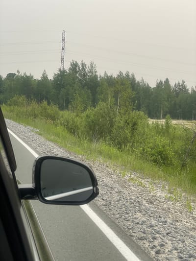 The image shows a view from inside a vehicle traveling on a road with a gravel shoulder and a forest on the right side. A power line tower is visible in the distance, along with power lines stretching across the sky. The sky is overcast and hazy. The side mirror of the vehicle is visible in the foreground, reflecting the road and the surrounding greenery. The road appears to be paved and has a white line marking the lane. The vegetation is dense with a mix of trees and bushes. The location is identified as Fedorovskii, Russia.