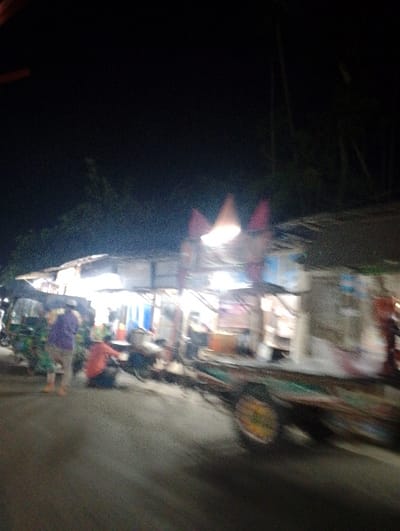 The image, taken at night, shows a street in Pangasia, Bangladesh, located at coordinates 22.696 latitude and 90.598 longitude. The scene is lit by multiple street lamps and illuminated shop signs. There are a few figures walking and sitting in the street. It is not clear what the figures are doing, but they appear to be interacting with each other and their surroundings. In the background, a building structure, possibly a market stall, is visible. There is a vehicle parked in front of the structure. The image is out of focus and blurry, making it difficult to see fine details. The surrounding environment is dark and the only visible features are the street, the building, and the street lamps.