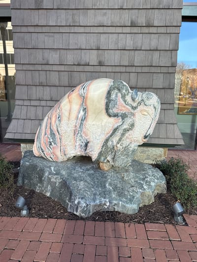 A stone sculpture resembling a bird sits beside a large gray rock. The bird sculpture is beige and pink, streaked with gray and black. The sculpture has a smooth, polished surface. A gray brick wall and pavers flank the sculpture. Landscaping mulch, greenery, and outdoor spotlights accent the surrounding area. The corner of a building with gray clapboard siding is visible in the background. A reflection is visible on the glass window.