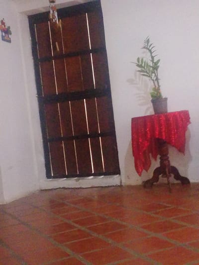 The image depicts an indoor scene, likely a room, with a focus on a wooden door on the left and a small table with a plant on the right. The floor is covered with terracotta-colored tiles. A wind chime hangs from above the door. On the wall to the left of the door, a colorful decorative item featuring fruits and vegetables is affixed. The table on the right is draped with a red, sequined cloth and holds a potted plant with green leaves. The overall lighting suggests it might be late afternoon or evening, or the room has limited natural light. The location within Atamo Sur, Venezuela, is not ascertainable from the visual information provided. There are no people or discernible actions taking place.