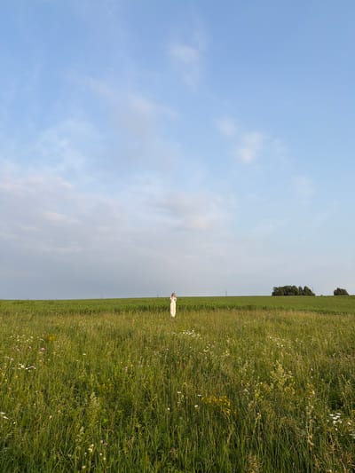 In a wide, grassy field under a pale blue sky with scattered clouds, a lone individual stands in the distance. The person is wearing a light-colored dress. The field is abundant with tall green grass and wildflowers in various shades of white, pink, and yellow. A line of trees is visible on the horizon in the background. The scene is set in the city of Kutlu-Bukash, Russia.