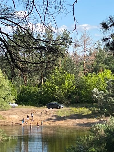 The image depicts a group of people by the water's edge, in a natural setting. The scene appears to be a lake or river with a sandy or dirt bank. Several individuals, some appearing to be children and adults, are scattered along the bank, with some wading into the water. Their posture suggests relaxation or play, with some lying down and others standing.

A dark-colored car is parked on the bank, and a white vehicle is visible further down the shore. The surrounding environment is lush and green, with dense trees and foliage. The presence of pine trees suggests a forested area. The lighting indicates it is daytime, with the sun casting shadows. The sky is blue with some scattered clouds.

The overall impression is a casual outdoor gathering, likely a recreational activity such as swimming, picnicking, or simply enjoying the day by the water. The emotions conveyed are those of leisure and enjoyment. No visible text is present in the image. The location context provided is Shyroke, Ukraine, which aligns with a natural landscape featuring bodies of water and forests.