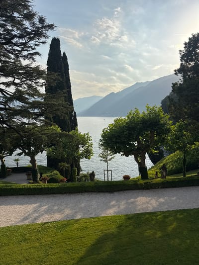 The image depicts a meticulously manicured garden overlooking a vast lake, with a backdrop of rolling, mist-shrouded mountains. The foreground features a gently sloped lawn with scattered white flowers, transitioning to a light-colored gravel path. Beyond the path, a neatly trimmed hedge forms a border, behind which are various trees and potted plants. Two tall, slender cypress trees stand prominently on the left, framing a view of the lake. To the right, a large, leafy deciduous tree is situated on a rising slope covered in lush green foliage. The lake itself is calm, reflecting the soft light of the sky. In the distance, layers of mountains recede into the hazy horizon, with the sun breaking through the clouds in the upper right corner, casting a faint contrail from an aircraft. The scene evokes a sense of serene beauty and tranquility. The location is likely Villa del Balbianello in Tremezzina, Italy, a well-known historical villa with extensive gardens situated on a promontory on Lake Como, famous for its terraces and vistas.