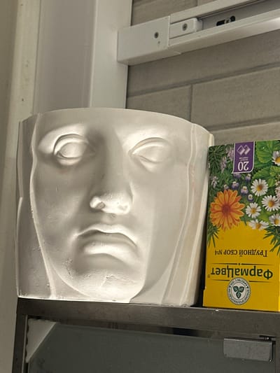 A still-life image presents a white, plaster sculpture of a face lying on its side, with closed eyes and prominent facial features. Resting on top of the sculpture is a rectangular yellow box of "Фармацвет" herbal tea, adorned with floral patterns and Russian text indicating its contents. The objects are positioned near a window frame, suggesting an indoor setting. The location, Новоглаголево, Russia, is not visually discernible from the objects and scene depicted in the image.