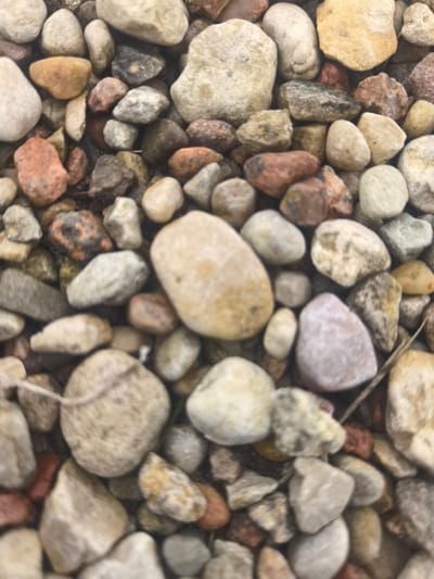 The image shows a close-up, overhead view of a dense collection of natural, rounded pebbles and small rocks. The rocks vary in size, color, and texture, with hues ranging from light tan, white, and grey to reddish-brown and darker grey. Some rocks have distinct speckles or darker veins. The pebbles are tightly packed, with no visible soil or other debris, suggesting they are either on a surface or have been screened. The lighting is even, with no strong shadows, indicating a diffused light source, possibly overcast conditions or indirect sunlight. There are no people, animals, or any signs of human activity visible in the frame. The context of "Камянюцкі сельскі Савет, Belarus" suggests this is a natural outdoor setting, likely a path, garden, or shoreline composed of this type of aggregate.