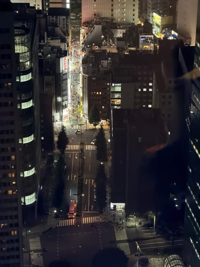 The image is a night aerial view of a busy street in Shinjuku, Japan, likely in the Kabukicho district given the neon lights and dense urban environment. A narrow street is lined with multi-story buildings adorned with illuminated signs and advertisements. Pedestrians are visible walking on the sidewalks and crossing the street at marked crosswalks. Several vehicles, including a red truck and cars, are present on the road. Trees are planted along the street, providing a contrast to the concrete structures. The overall scene conveys a vibrant and active urban atmosphere.