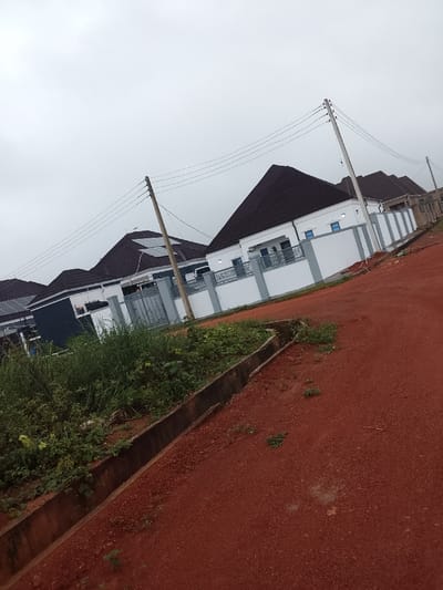 This image depicts a residential street in Okinni, Nigeria, under an overcast sky. The scene is dominated by a row of several newly constructed or recently maintained single-story houses, each featuring white exterior walls and steep, dark brown or black tiled roofs. Many of these houses are equipped with roof-mounted solar panels. Each property is bordered by a perimeter fence composed of white walls topped with grey accents and decorative grey metal railings. A grey metal gate is visible on the fence line of the leftmost house.
In the immediate foreground and extending to the right, the ground consists of unpaved, reddish-brown earth, characteristic of lateritic soil, suggesting a dirt road or pathway. A concrete drainage ditch, partially overgrown with green vegetation (grass and weeds), runs parallel to the house fences, separating them from the unpaved ground. Two wooden utility poles, each supporting multiple overhead power or communication lines, are visible, extending diagonally across the frame from left to right. No people or active interactions are present in the scene. The overall environment appears to be a developing residential area.