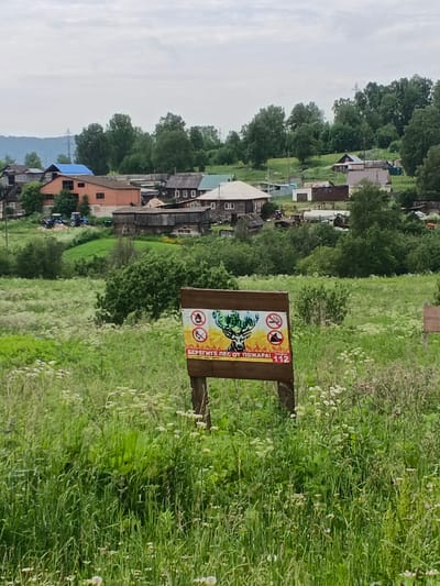 In Medvedevka, Russia, this image depicts a rural village scene dominated by lush green fields and trees under an overcast sky. In the foreground, a wooden sign with a warning message stands amidst tall grass and wildflowers. The sign features an illustration of a deer's head with elaborate antlers, surrounded by several red circular icons with diagonal lines, indicating prohibitions. Below the deer, text reads "БЕРЕГИТЕ ЛЕС ОТ ПОЖАРА!" (Protect the forest from fire!) and "112", likely a fire department emergency number.

Beyond the field, a cluster of houses and buildings forms the village. These structures vary in architectural style, with some appearing to be traditional wooden houses and others more modern brick constructions. Tractors are visible in the distance, suggesting agricultural activity. The background is filled with dense green trees, leading up to rolling hills and mountains on the horizon. The overall atmosphere is peaceful and rustic, characteristic of a rural Russian landscape.