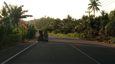 In Seuneubok, Indonesia, two individuals are operating a road roller on a paved asphalt road lined with lush green vegetation and palm trees. The sun is low in the sky, casting long shadows across the road. Overhead, power lines stretch across the frame, supported by wooden poles. The road roller appears to be a small, motorized unit with two people positioned at the rear, one seemingly steering and the other observing. The foreground shows the road surface with white lane markings. The background is dominated by dense foliage, suggesting a rural or semi-rural setting.