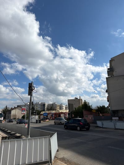 The image depicts an urban street scene in Bron, France, under a partly cloudy sky with prominent white cumulus clouds. In the foreground on the left, white corrugated metal construction barriers with gray frames line an unpaved area beside the road. A black utility pole, likely a traffic signal pole, stands centrally on the left, adorned with multiple tangled black and red wires. Overhead wires extend horizontally across the upper left of the frame. The paved asphalt road occupies the mid-ground, showing visible tire marks and shadows.
Vehicles are present on the road: a partially visible white truck is on the far left, followed by several cars, including a dark blue hatchback moving towards the right, a light grey hatchback parked further ahead, and a silver car in the distance. On the left side of the street, a row of older, multi-story residential buildings with brick or painted facades is visible. Further along, on the left, there is a commercial frontage featuring red and white striped awnings and a sign bearing the word "ENTREE" (French for "Entrance"), suggesting a car wash or similar establishment.
In the mid-ground and background, various multi-story buildings comprise the urban landscape. On the far right, a tall, light-colored residential building with dark balconies on its facade rises vertically. Below this, a red wall with some green graffiti partially obscures a smaller building. Trees and scattered vegetation are interspersed between structures. A small, dark bird is captured in flight against the sky in the upper right quadrant of the image. The scene is illuminated by sunlight, casting shadows across the road and buildings, indicative of daytime. No discernible people are visible in the scene.
