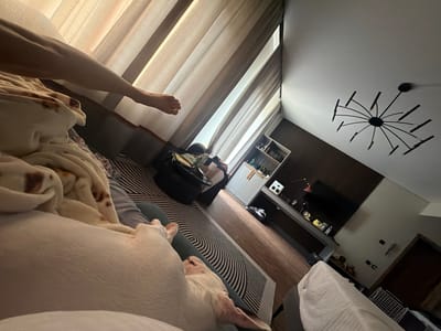 A medium shot captures a bedroom with a person's leg and foot resting on a blanket, with a dog lying next to them on a bed. The leg and foot are partially covered by a patterned blanket. The dog appears to be white with some brown markings. The room features floor-to-ceiling curtains, a patterned rug on the floor, and a modern chandelier on the ceiling. In the background, a desk with a television and shelves can be seen. The lighting suggests it is daytime, with light filtering through the curtains. The overall atmosphere is relaxed and domestic. This image was taken in Morozovo, Russia.