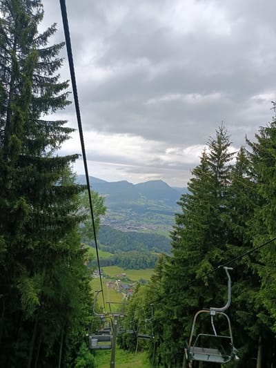 The image shows a view from a ski lift moving downwards through a dense forest of tall evergreen trees. The ski lift has several empty chairs, some appearing weathered. Through the trees, a valley is visible with a town or village nestled within it, surrounded by rolling green hills and further mountains in the distance under a cloudy sky. The scene appears to be the Zinken ski lift in Hallein, Austria, a popular tourist destination known for its scenic views and recreational activities.