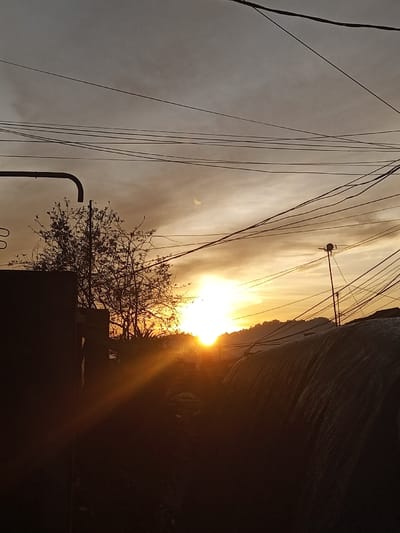 The image depicts a rural or semi-urban outdoor scene in Sa Hti Law (3), Myanmar, at either sunrise or sunset. The sun is a prominent, intense golden-yellow orb positioned on the horizon, slightly right of the center, emitting strong rays of light. The sky above is cloudy, transitioning from bright orange and yellow near the horizon to a mottled grey in the upper portions. A thin crescent moon is visible in the upper-center portion of the sky, against the lighter cloud layer.
Numerous dark utility lines crisscross the upper two-thirds of the frame. In the mid-left, a deciduous tree, largely bare of leaves, stands silhouetted against the bright sky. To its immediate left, a dark, L-shaped pipe or conduit is visible. The foreground and midground areas are dominated by dark silhouettes: a solid, vertical structure on the far left, and a large, rounded, textured object resembling a tarp-covered roof or mound on the lower right. A utility pole with a small antenna-like fixture is silhouetted on the mid-right. In the background, rolling hills or mountains are visible as dark contours against the illuminated horizon. No people or animals are discernible.