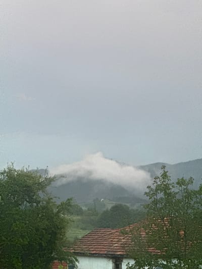 A landscape view in Zhaltusha, Bulgaria, showing a hillside shrouded in mist and cloud cover. A building with a red-tiled roof is visible in the right foreground, partially obscured by trees. The sky is overcast and grey, suggesting rainy or misty weather.