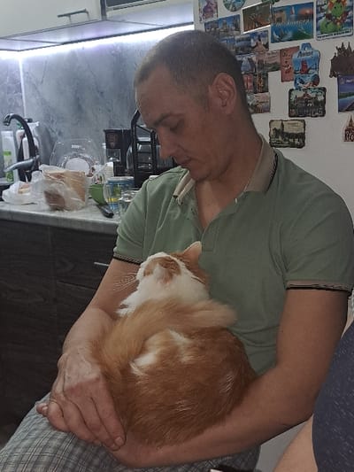 A man cradles a ginger and white cat in his lap. The man wears a green t-shirt and looks down at the cat. The cat is curled into a ball. Behind them, a kitchen counter with items on it, and a wall covered with fridge magnets are visible.