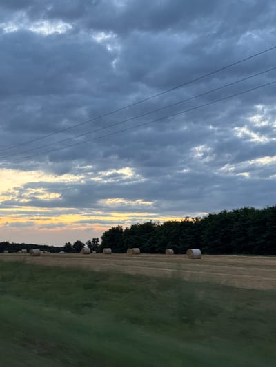 A low-angle, long shot captures a rural scene of Vostochnaya, Russia, at dusk. The sky is filled with dramatic, dark, cumulus clouds that are partially illuminated from below by the setting sun, creating streaks of pale yellow and orange light. Three power lines stretch horizontally across the upper portion of the frame. In the mid-ground, a harvested field is dotted with numerous round hay bales, some appearing lighter and others darker, suggesting varying stages of dryness or composition. A dense line of dark green trees forms a backdrop to the field, marking the edge of the agricultural area. In the foreground, a blurred strip of lush green grass runs diagonally from the lower left to the lower right corner, indicating motion, possibly from a moving vehicle. No people or animals are visible in the frame. The overall impression is one of a serene, yet slightly somber, pastoral landscape.