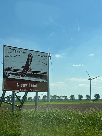 The image depicts a sign indicating the entrance to "Nieuw Land Nationaal Park," likely located in or near Lelystad, Netherlands, given the presence of typical Dutch landscape elements. The sign features an illustration of a white-tailed eagle in flight over a landscape, with birds and herd animals in the background, against a light blue sky. The environment consists of an agricultural field and tall grass on one side, and a clear, slightly cloudy sky with wind turbines in the background. The scene is captured from a low angle, possibly from within a vehicle.