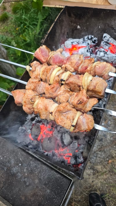 In Yasnohorodka, Ukraine, skewers of raw meat and onion are being grilled over glowing embers in a metal barbecue. The meat, cut into cubes, is seasoned and threaded onto metal skewers alternating with thick slices of white onion. The barbecue is filled with hot coals, some of which are still glowing red, producing a light smoke. The scene is outdoors, with green foliage visible in the background.