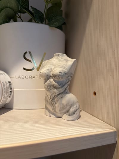 The scene is an indoor setting, situated in the city of Romanovka, Russia, and displays a light-toned wooden shelf against a matching vertically-grooved wooden wall. Positioned on the shelf towards the right of the frame is a small, decorative bust depicting the female torso from the shoulders to just above the upper thighs, rendered in a white material with swirling grey, marbled patterns. To the left of the bust, a white cylindrical container with a gold "SV" logo and the partially visible word "LABORATO" is present. Above this container, green artificial foliage extends upwards. To the far left, a white product container, possibly a bottle or jar, lies on its side, revealing a white label with a barcode and small black text. Visible text on this label includes a date "28.03.2" and ingredient listings such as "Rubus idaeus (Raspberry) seed oil," "prunus amygdalus dulcis oil (sweet almond oil)," "caprylic/capric triglyceride," "tocopherol," and "parfum." A small, irregular, dark brown indentation or hole is present on the wooden wall to the right of the bust. The shelf itself has fine horizontal grooves. No individuals, actions, or interactions are visible.