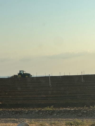 The image displays an agricultural field within the Emek Izrael Regional Council, Israel. The scene is set under a light blue sky that fades to a pale yellow towards the horizon, marked by a few indistinct, elongated clouds. The foreground presents an uncultivated strip of rocky, brown ground with sparse, dry vegetation. Beyond this, the midground is dominated by a large, dark brown agricultural field, appearing freshly tilled with distinct horizontal furrows. Multiple white or silver irrigation sprinkler risers are spaced vertically and regularly across this field. On the elevated left side of the field, a green and yellow John Deere tractor is visible, partially obscured, with agricultural equipment attached to its rear, indicating active cultivation as it generates a mound of dark earth. Distant, hazy hills are faintly visible along the background horizon. No people are present in the depicted scene.