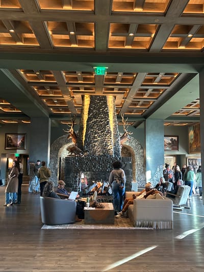 A tall room features a large stone fireplace with mounted animal heads. Several people are seated around the fireplace, while others walk by. The room has a wall with a grid pattern of lit-up rectangular spaces. Paintings hang on the walls near the ceiling. Furnishings include chairs and tables. The flooring is wood. An exit sign is visible on the left side of the wall.