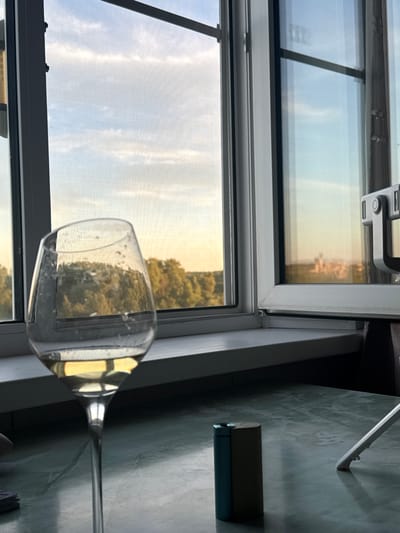 The media file depicts a wine glass with a small amount of pale yellow liquid, likely white wine, in it. The glass is positioned on a surface next to a window, with the stem of the glass angled towards the right of the frame. Through the window, a daytime scene of trees and a hazy sky is visible. The sunlight appears to be soft, suggesting either early morning or late afternoon.
The setting appears to be indoors, possibly a home or a room with a view. The window frame is a light grey color. To the right of the window, on a surface that looks like a table with a marble pattern, are two cylindrical objects. One is darker, possibly a dark green or brown, and the other is a lighter blue. These could be bottles or containers. The overall lighting suggests a calm and perhaps contemplative moment. The image is a close-up shot, focusing on the wine glass and its immediate surroundings. No people are visible in the frame, and no explicit text is present. The mood conveyed is serene and understated, with the natural light playing a significant role in the atmosphere. The hint provided indicates the location as Sholokhovo, Russia, which contextualizes the outdoor scenery seen through the window.