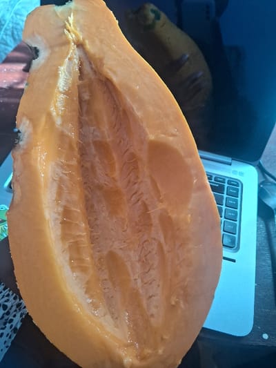 A halved papaya fruit with a bright orange flesh sits close to a laptop keyboard. Its inner part displays a seed cavity and fibrous strands. The fruit's skin exhibits a smooth texture. The background includes other objects and fabric with a polka dot pattern. The lighting creates highlights on the fruit's surface and provides depth to the scene.