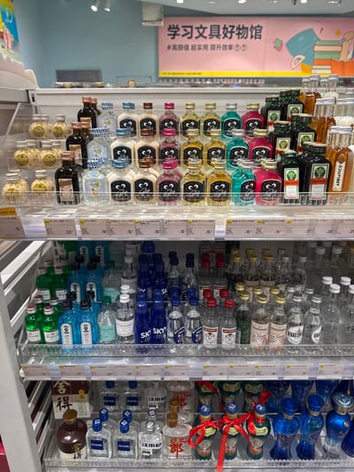 A retail shelf displays rows of miniature alcohol bottles. The first row includes brands like Jägermeister and quirky-faced bottles. The second is filled with bottles of gin, vodka, and other clear liquors. The third features Skyy Vodka. Several bottles have red ribbons tied around their necks. Signs display prices. A storefront window in the background advertises "study stationery," emphasizing "high value" and improved efficiency.
