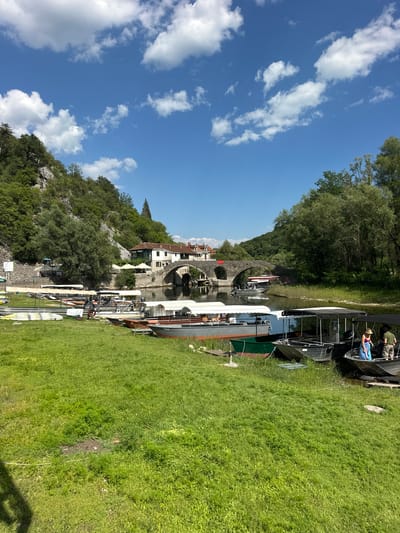 This media file captures a sunny day scene in Rijeka Crnojevića, Montenegro. The image is oriented vertically. In the foreground, a vibrant green grassy bank is lined with several boats. Some of these appear to be long, narrow rowing shells with oars, while others are wider, motor-powered vessels. A few people are visible near or on the boats, enjoying the pleasant weather. One person in a pink top and straw hat is seated on a boat, looking relaxed.
Further into the scene, a river flows beneath an old stone bridge with a distinctive arch. Buildings with red-tiled roofs are nestled on a hillside overlooking the water. The hillside is covered with lush green trees and rocky outcrops, suggesting a mountainous or hilly terrain. The sky is a brilliant blue with scattered white clouds, indicating fair weather. The time of day appears to be midday or early afternoon, given the bright sunlight. The overall atmosphere is peaceful and idyllic, highlighting the natural beauty and historical architecture of the location. No visible text is present in the image.