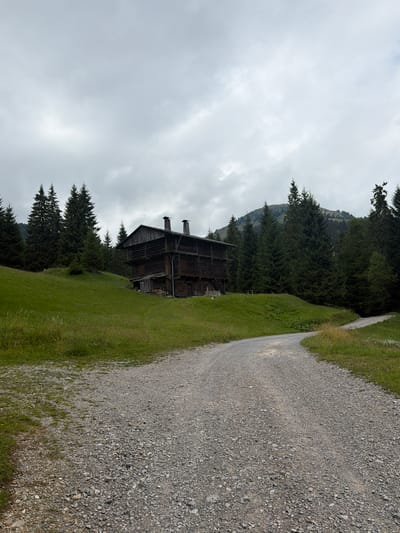 A wooden barn stands on a grassy slope surrounded by a forest of evergreen trees. A gravel road curves into the foreground from the right, leading past the barn. The sky is overcast with gray clouds. The image depicts a rural, mountainous landscape.