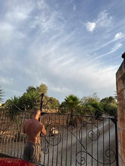 A shirtless man wearing patterned shorts stands at a black wrought iron gate, his back to the camera. He appears to be interacting with the gate, possibly opening or closing it. The gate is ornate with scrollwork. Behind the gate is a dirt path leading into a yard with various types of vegetation, including palm trees and other arid-climate plants. The ground is dry and dusty. To the right of the gate is a stone wall. The sky above is partly cloudy with thin, wispy clouds. The scene appears to be outdoors, possibly in a rural or semi-rural area. The lighting suggests it is either early morning or late afternoon. The location is identified as Santa Margalida, Spain.