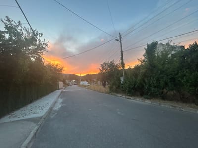 The image depicts a street scene in Boboshevo, Bulgaria, during a sunset. The sky is a vibrant gradient of blue, orange, and yellow, with scattered clouds. A paved road dominates the foreground, with a sidewalk running alongside it. Trees and vegetation line the street, and a few buildings are visible in the distance. Power lines crisscross the sky, supported by utility poles. Several vehicles are parked along the road. The overall impression is a quiet, residential area at dusk.