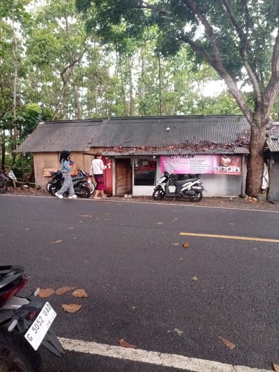 The image shows a small, single-story building with a corrugated metal roof. There is a sign that reads "BORIS SALON" above a window. Two women stand in front of the building. One is wearing a blue shirt and black pants, and the other is wearing a pink shirt and black pants. They are looking at a motorbike parked in front of the building. There are several other motorbikes parked on the side of the road in front of the building. There is a large tree to the right of the building, and a paved road in front of the building. The scene is set in Kecamatan Caringin, Indonesia, at the coordinates -7.523 latitude and 107.485 longitude.