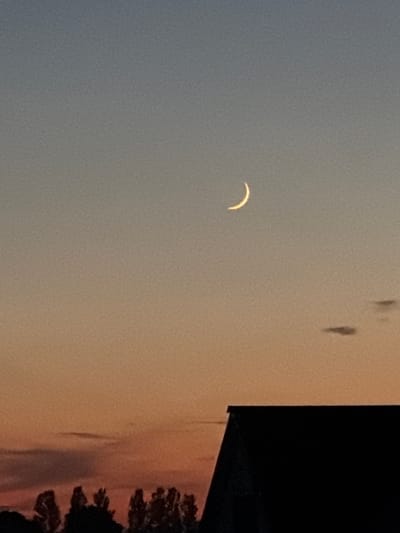 The image depicts a crescent moon in a gradient sky, transitioning from a pale blue at the top to a warm orange-yellow near the horizon. Silhouetted against the sky are the dark outlines of trees and the roof of a building, suggesting a rural or suburban setting. The moon is positioned in the upper right quadrant of the image. The overall impression is of a twilight or dusk scene. There is no specific indication of the location being in the city of Hanniv, Ukraine.