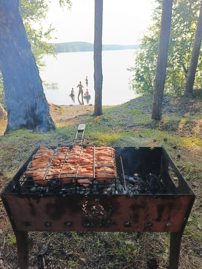 A close-up view of a metal barbecue grill with chicken pieces cooking on the grate dominates the foreground. The grill is placed on the ground in a grassy, wooded area. In the background, a lake is visible with several individuals in the water. The sky is bright and appears to be a clear day. Smoke rises from the grill, indicating the food is being cooked. The overall scene depicts an outdoor barbecue activity by a lake. The location is identified as Nepryakhinskoye Sel'skoye Poseleniye, Russia.