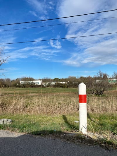 The image captures an outdoor scene in Saint-Cyprien, France, under a clear blue sky with dispersed wispy white clouds. The foreground consists of a dark asphalt road surface on the bottom edge, transitioning into a strip of green grass and dry, light-brown reeds that dominate the lower midground. A prominent white, cylindrical marker post with a conical top and a single horizontal red band is positioned slightly right of center in the foreground, casting a distinct shadow to its left. Small pieces of litter, including a white item and a blue object, are visible in the grass near the road edge.

Beyond the initial grass and reeds, a wider field of green grass is visible, traversed horizontally by a simple fence composed of thin wooden posts and multiple strands of wire. In the distant background, a dense line of trees and bushes partially obscures a series of large, white semi-trailer units or storage containers. Visible lettering on one of these containers includes "TRANSPORTS UNI" and "GROS". Further in the distance, a faint line of trees is discernible near the horizon. Three dark, thin utility wires stretch horizontally across the upper portion of the blue sky. No individuals or active interactions are present in the scene, which is illuminated by direct sunlight suggesting daytime conditions.