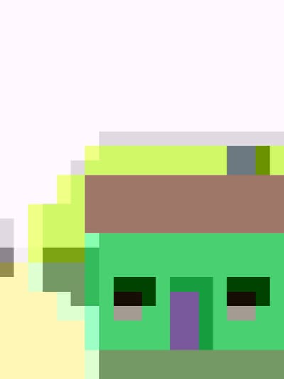 The image depicts a pixelated, cartoonish house. The house has a green facade, a brown roof, and a purple door. There are two dark windows with gray frames on the facade. The ground is a darker shade of green. The background is primarily white, with some yellow and gray pixels near the house. There is no indication of the location being Mountain View, California.