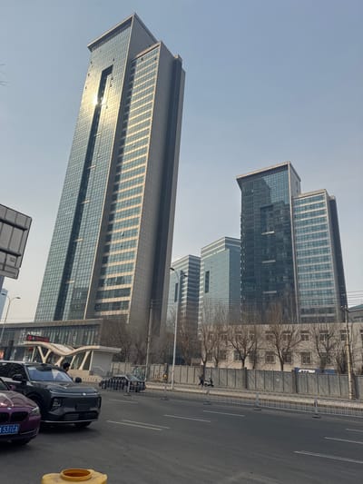 The image depicts an urban street scene in Dadong District, Shenyang, Liaoning Province, China, under a clear, bright sky. The prominent subject is a very tall, slender skyscraper (Forum 66 Tower 1), clad in glass and dark grey material, dominating the left side of the frame. Sunlight reflects intensely off a vertical rectangular void in its upper facade. To the right, several other modern glass-clad high-rise buildings are visible.

At the base of the main skyscraper is a multi-story structure with a distinctive wavy canopy entrance, displaying Chinese characters and a red "4" sign, suggesting a commercial or public transport entrance. In the foreground, a multi-lane asphalt road stretches into the distance, with white plastic bollards delineating a median or roadside.

On the left side of the road, a dark-colored SUV is stopped or parked, with one individual standing near its front. Behind it, the front portion of a purple BMW sedan (license plate "辽A 531CA") is visible. Further down the road on the right, beyond a grey concrete barrier, two individuals are walking on a paved area, and another individual is riding a white scooter. Bare deciduous trees line the street and are scattered between buildings, indicating a colder season.