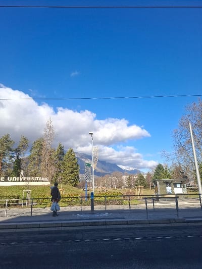 The scene depicts an outdoor urban environment in Saint-Martin-d'Hères, France. A bright blue sky with scattered white cumulus clouds dominates the upper portion, bisected by two thin, dark horizontal wires. Snow-capped mountains are visible in the distant background, partially obscured by clouds. In the midground, a large white sign displays the partial text "E UNIVERSITAIRE" on a green grassy embankment, flanked by bare deciduous trees and green evergreen trees. A single individual is positioned on a concrete sidewalk in the foreground, with their back to the viewer, facing towards the university sign and mountains. This person is clad in a dark jacket and carries a light-colored bag over their left shoulder. A tall, decorative white street light pole stands centrally on the sidewalk. To the right of the light pole, a public transport shelter containing informational panels is visible. A dark asphalt road with white dashed lane markings occupies the lower foreground, separated from the sidewalk by a concrete curb and a black metal railing.