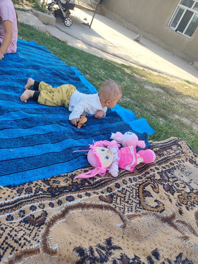 In Sultonobod, Tajikistan, a baby is lying on a blue striped blanket on the grass. The baby is wearing yellow pants and a white shirt and is playing with a toy dinosaur. A pink doll and a pink toy are also on the blanket next to the baby. In the background, a stroller and a building with a window are visible. The ground is covered with grass and a patterned rug. The scene appears to be an outdoor recreational area.